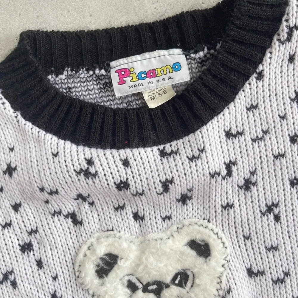Vintage Picamo White Black Knit 3D Teddy Bear Heart Sweater Girls 5/6 80s Retro